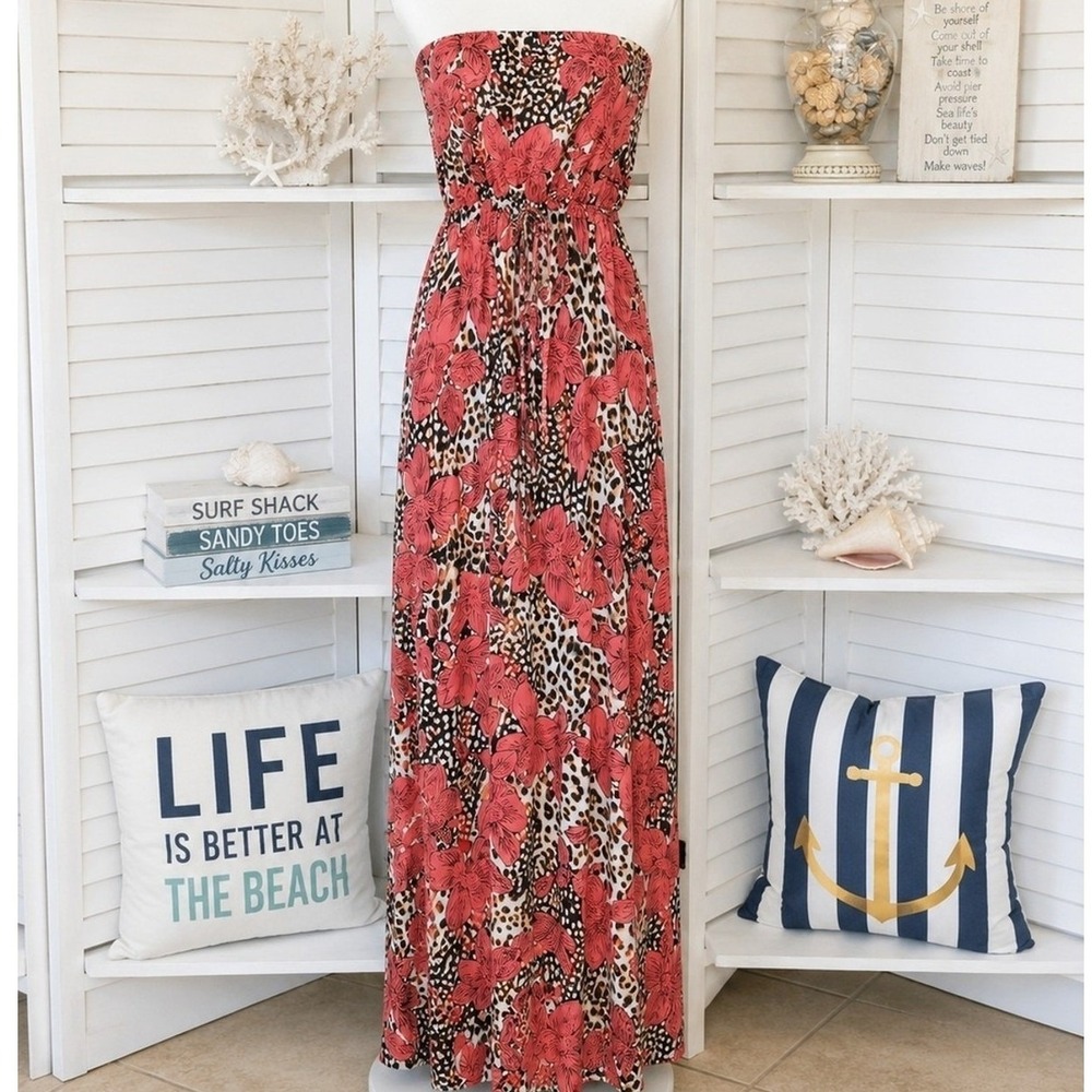 Capsule Strapless‎ Animal Print Floral Maxi Dress Pink Coral Sz 10 UJ448
